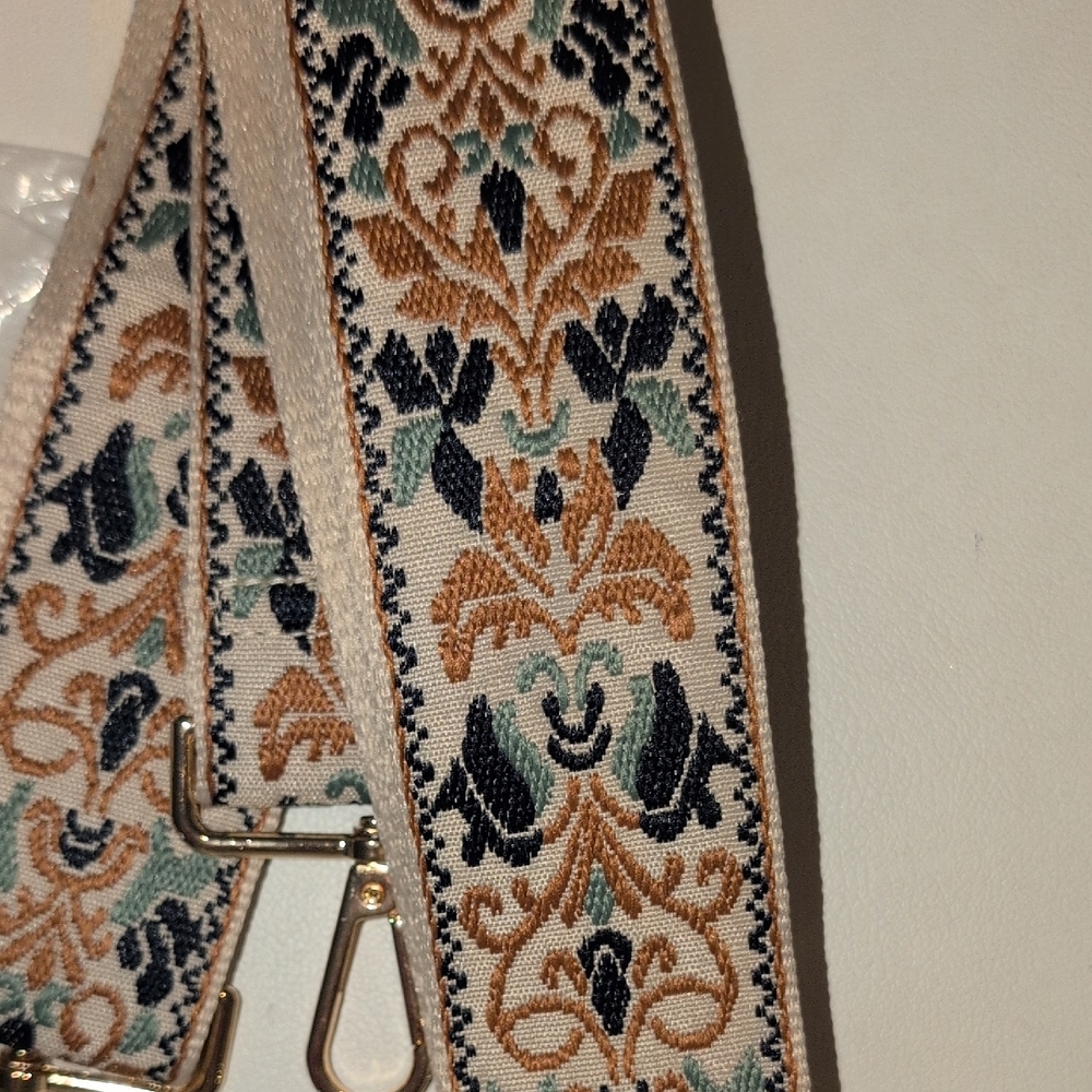Embroidered Floral Purse Strap - Black, Tan, Green - New